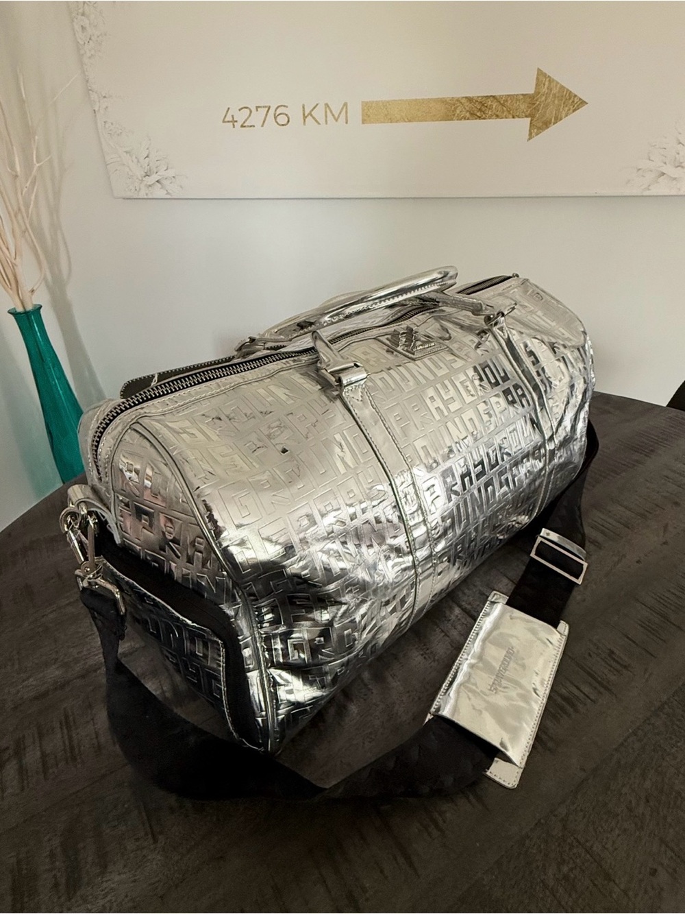 Sprayground Men's Metallic Silver Embossed Duffel Bag/USED